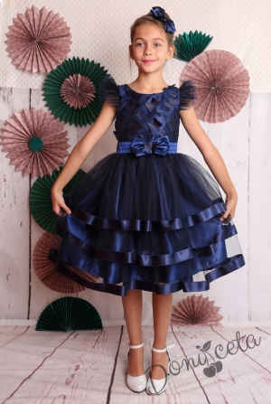 Официална детска рокля в тъмносиньо с 3D пеперуди и тюл 312ТСП 2