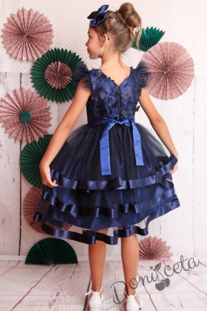 Официална детска рокля в тъмносиньо с 3D пеперуди и тюл 312ТСП 3