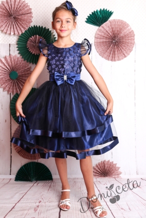 Официална детска рокля в тъмносиньо с тюл и 3D цветя 212ТСЦ 2