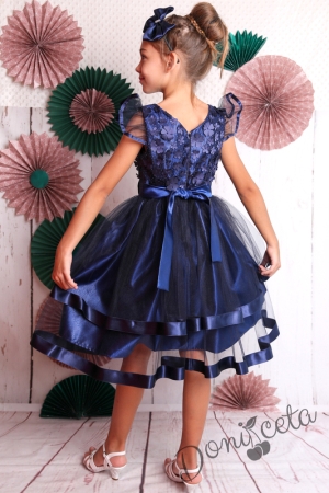 Официална детска рокля в тъмносиньо с тюл и 3D цветя 212ТСЦ 3