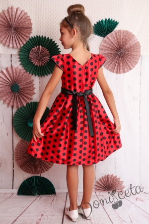 Официална детска рокля в червено на черни точки 270Ч