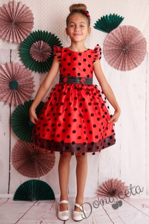 Официална детска рокля в червено на черни точки Калинка