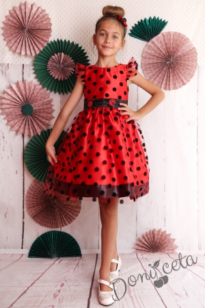 Официална детска рокля в червено на черни точки Калинка