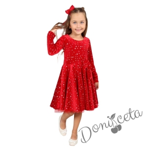 Детска рокля в червено с дълъг ръкав със звездички в сребристо с панделка