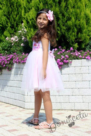 Официална рокля с цветя и тюл в розово с болеро