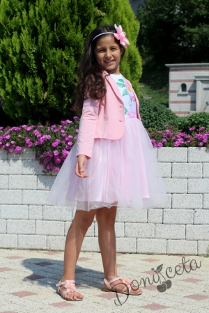 Официална рокля с цветя и тюл в розово със сако 7