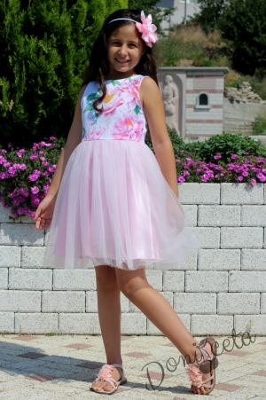 Официална рокля с цветя и тюл в розово със сако8