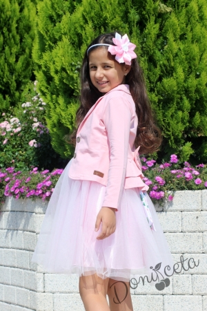 Официална рокля с цветя и тюл в розово със сако5