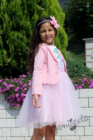 Официална рокля с цветя и тюл в розово със сако 4