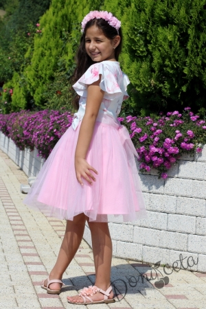Детска официална рокля с къс ръкав на цветя и тюл в розово 2