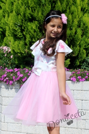 Детска официална рокля с къс ръкав на цветя и тюл в розово3