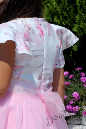 Детска официална рокля с къс ръкав на цветя и тюл в розово 4