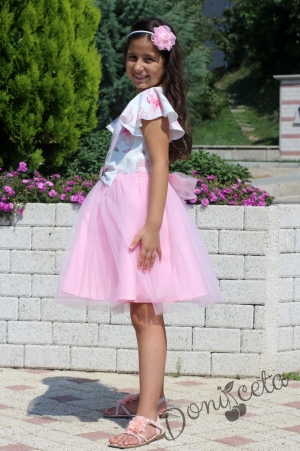 Детска официална рокля с къс ръкав на цветя и тюл в розово 6