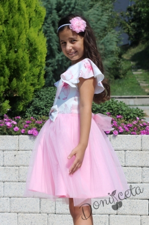 Детска официална рокля с къс ръкав на цветя и тюл в розово 7