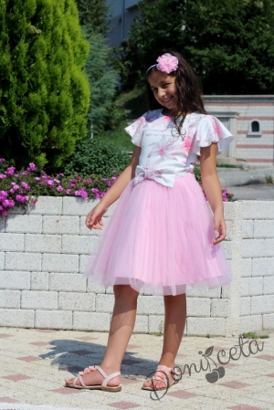 Детска официална рокля с къс ръкав на цветя и тюл в розово 8