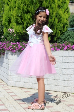 Детска официална рокля с къс ръкав на цветя и тюл в розово 9