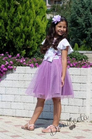 Детска официална рокля с къс ръкав на цветя и тюл в лилаво