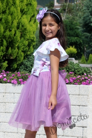 Детска официална рокля с къс ръкав на цветя и тюл в лилаво 3