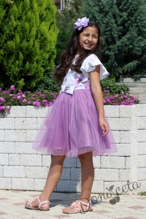 Детска официална рокля с къс ръкав на цветя и тюл в лилаво 4