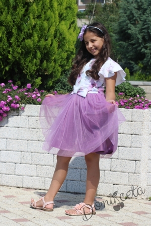 Детска официална рокля с къс ръкав на цветя и тюл в лилаво 1