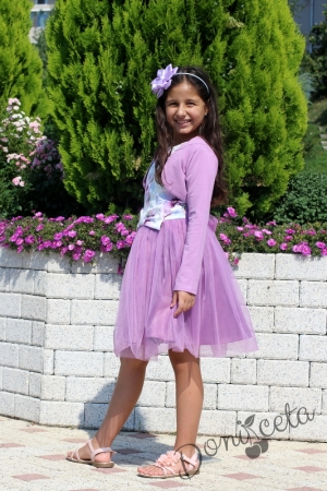 Детска рокля с къс ръкав на цветя и тюл в лилаво с болеро