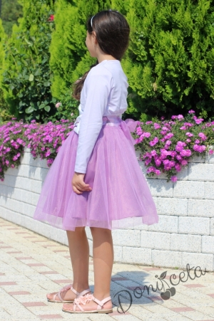 Официална рокля с къс ръкав на цветя и тюл в лилаво с болеро