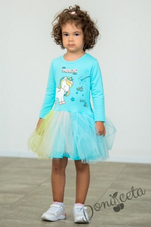 Детска рокля с дълъг ръкав в цвят тюркоаз с пони/еднорог