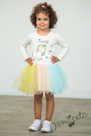 Детска рокля с дълъг ръкав в цвят екрю с пони/еднорог