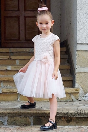 Детска официална рокля с къс ръкав в пепел от рози с тюл 