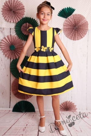 Официална детска рокля с къс ръкав в жълто и черно 223ПЧ