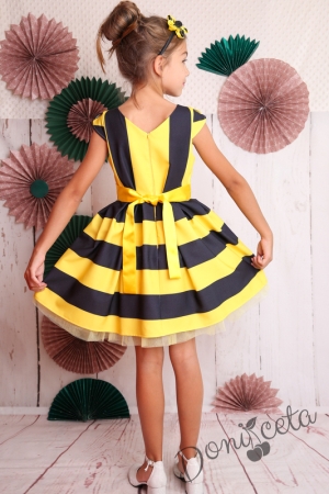 Официална детска рокля с къс ръкав в жълто и черно с пчеличка 297ПЧ