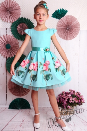 Официална детска рокля с къс ръкав в тюркоаз на цветя 297РКР