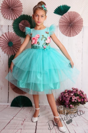 Официална детска рокля с къс ръкав в тюркоаз на цветя с тюл 288РКР