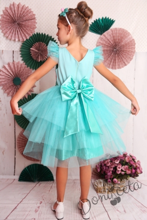 Официална детска рокля с къс ръкав в тюркоаз на цветя с тюл 288РКР