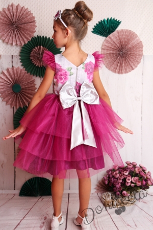 Официална детска рокля с къс ръкав в циклама на цветя с тюл 288ЦБС