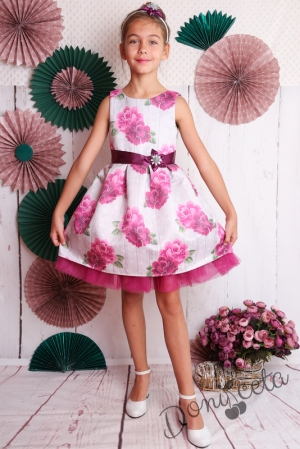 Официална детска рокля с къс ръкав в циклама на цветя с тюл 297ЦБС