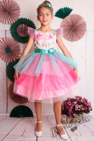 Официална детска рокля с къс ръкав на цветя с многоцветен тюл 288А