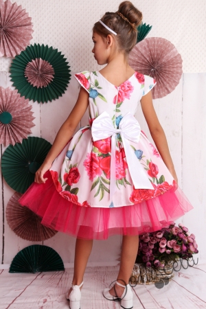 Официална детска рокля с къс ръкав на цветя с коланче 379ЦББ