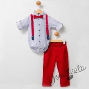 Бебешки комплект от боди-риза в бяло панталон,тиранти и папийонка в червено