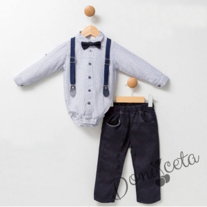 Бебешки комплект от боди-риза в бяло панталон,тиранти и папийонка в тъмносиньо