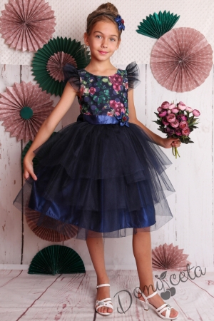 Официална детска рокля с къс ръкав на цветя с тюл в тъмносиньо 288МВРС