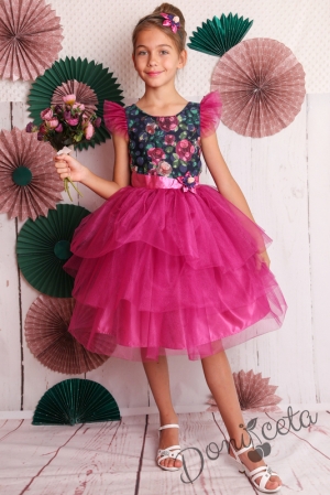 Официална детска рокля с къс ръкав на цветя с тюл в циклама 288МВРЦ