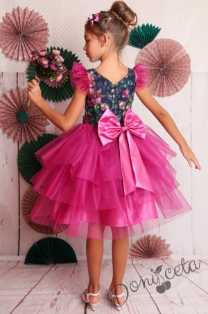 Официална детска рокля с къс ръкав на цветя с тюл в циклама 288МВРЦ
