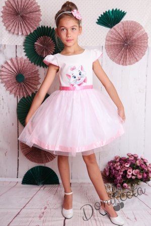 Официална детска рокля с къс ръкав в бяло с коте и тюл в розово 267БКТ
