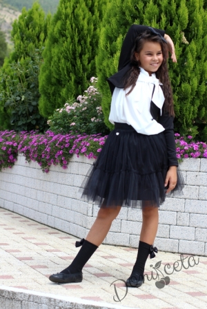 Комплект от 3 части официална блуза с дълъг ръкав, пола в черно и болеро