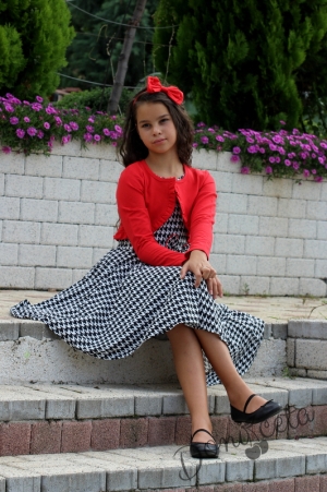 Детска рокля пепит без ръкав с панделка и болеро в червено3