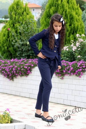 Комплект 2 части-дълъг панталон с висока талия  и сако в тъмносиньо5