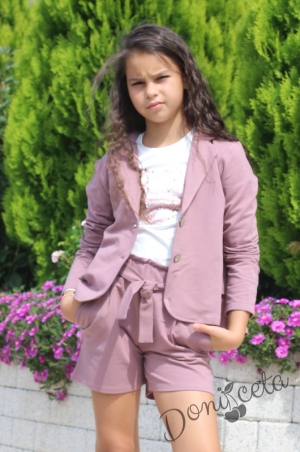 Детски комплект за момиче от къси панталонки, сако в пепел от рози и блуза