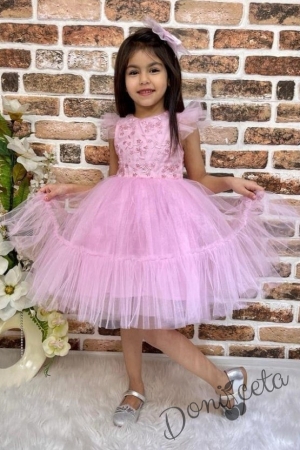 Детска рокля с къс ръкав в розово с тюл