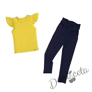 Комплект за момиче от тениска в жълто  и панталон в тъмно син цвят